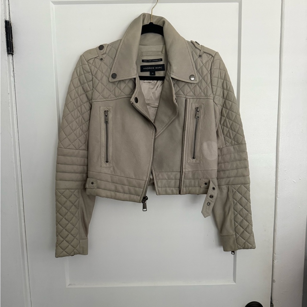 Andrew Marc Tan Leather Moto Jacket with Quilted Details
